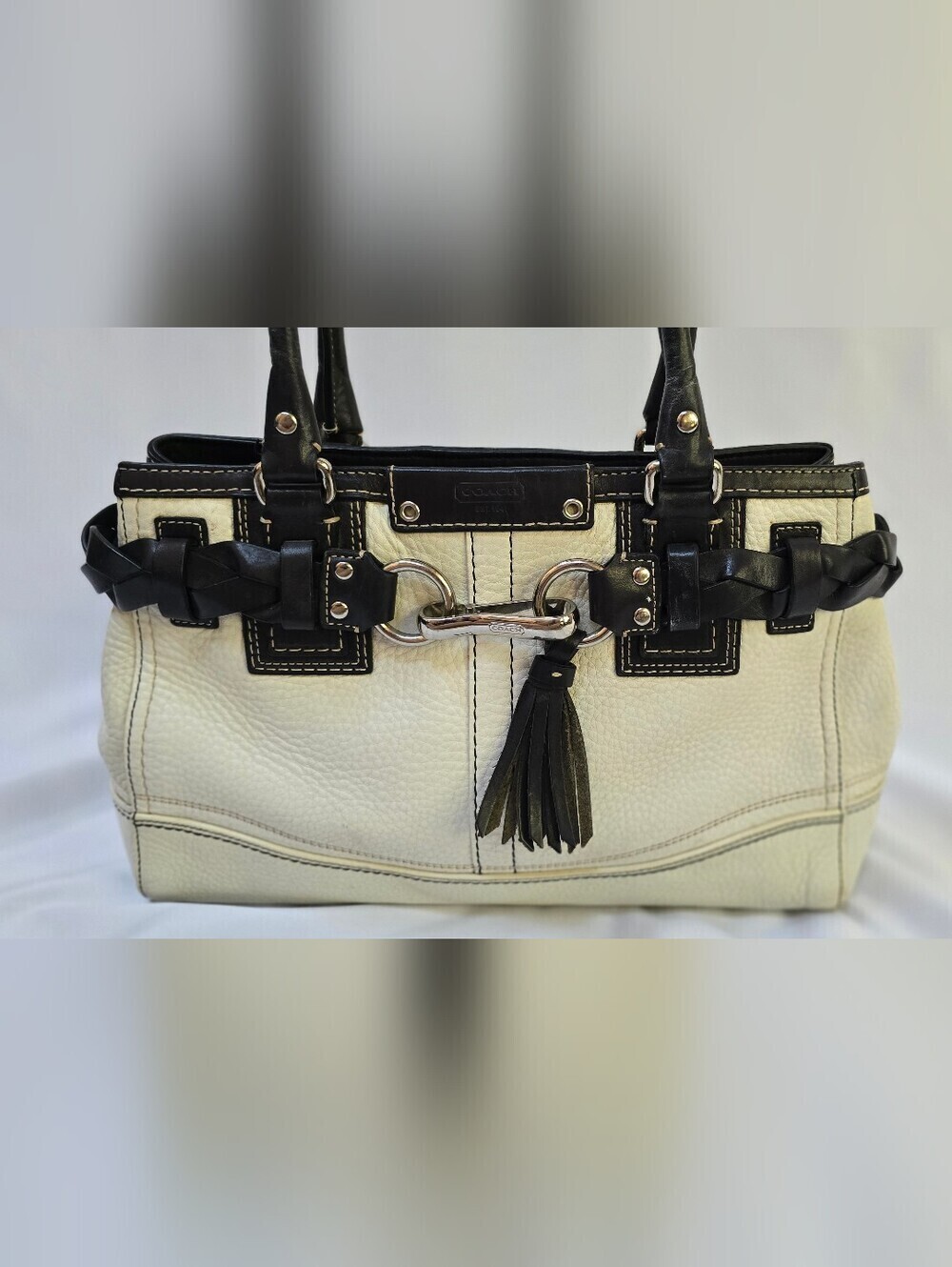 Coach Hamptons F13031 Ivory Black Pebbled Leather Braided Satchel Y2K - Picture 4 of 13
